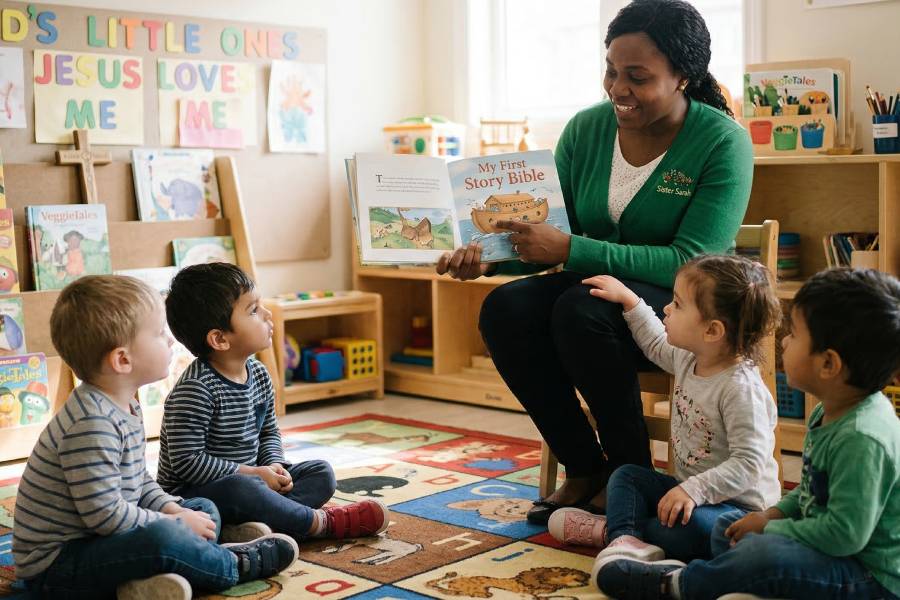 Christian-daycare-teacher-reading-to-toddlers-Mississauga