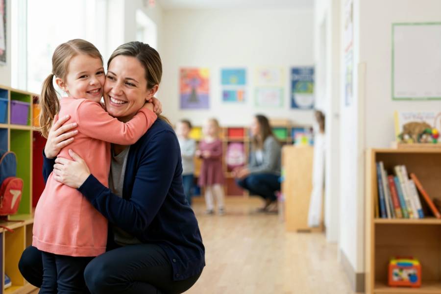 Happy preschool girl hugging her mother in a daycare classroom.